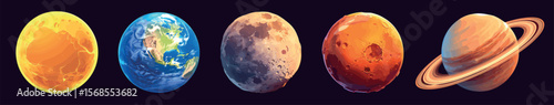 planets cartoon set. planet sun earth moon mars jupiter, solar system space astronomy universe science vector illustration