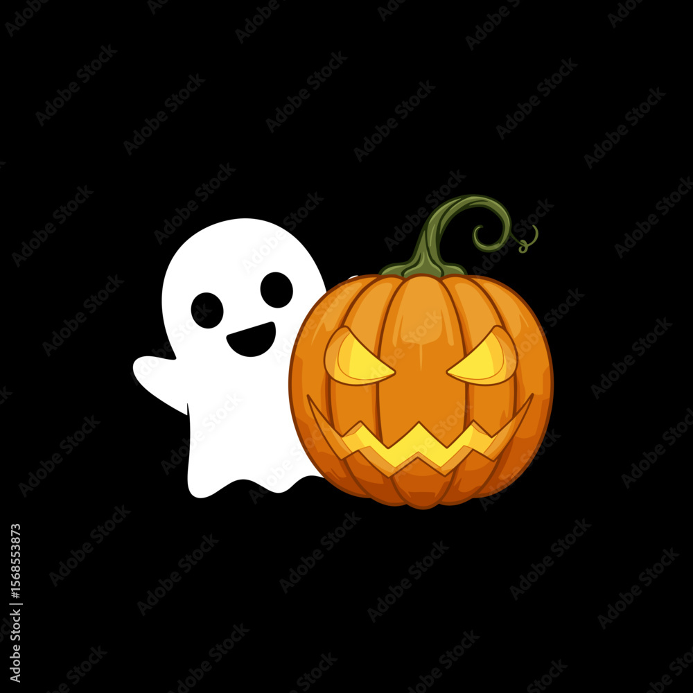 Fototapeta premium Kawaii ghost popping out of pumpkin on black background, isolated, vector