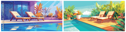 swimming pool background set. sun lounger by the pool, villa hotel tropical travel tourism summer luxury vacation cartoon vector illustration