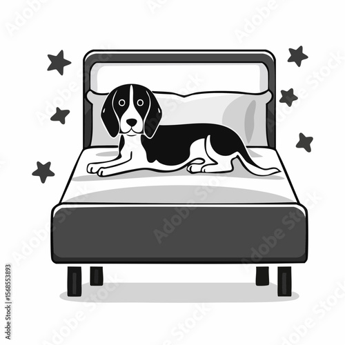 Beagle in bed Images vector. Black and white Dog Resting Vector Images.