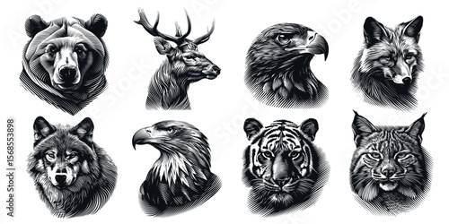 wild animals head engraving. animal bear deer hawk fox wolf eagle tiger lynx, predator taiga siberia reserve nature forest line print monochrome vector illustration