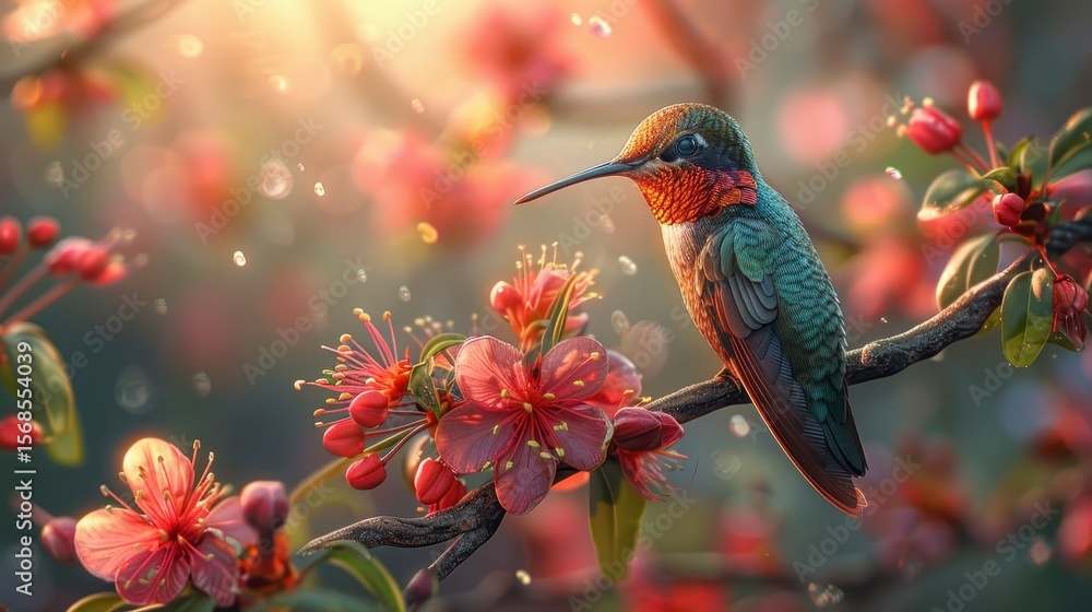 Fototapeta premium Hummingbird perched on branch, amid pink blossoms, sunlight shining through, bokeh effect
