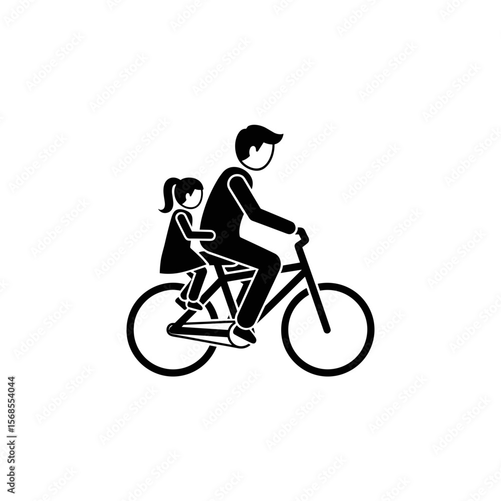 Fototapeta premium Father riding bicycle with daughter sitting on back, vector icon 