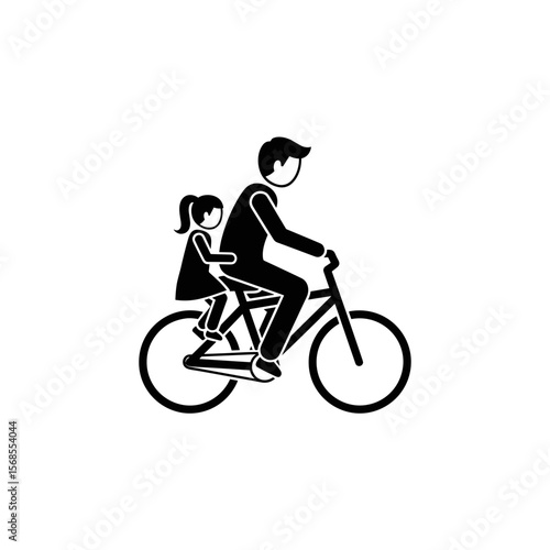 Father riding bicycle with daughter sitting on back, vector icon

