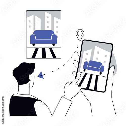Person uses augmented reality app on smartphone to view virtual furniture in real world environment