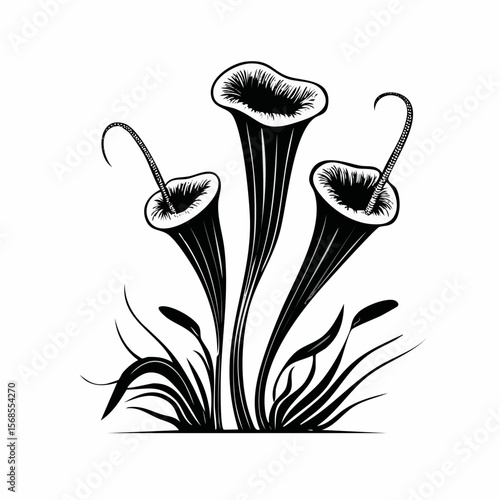 Black and white Carnivorous Pitcher Plant image vector isolated on white background.