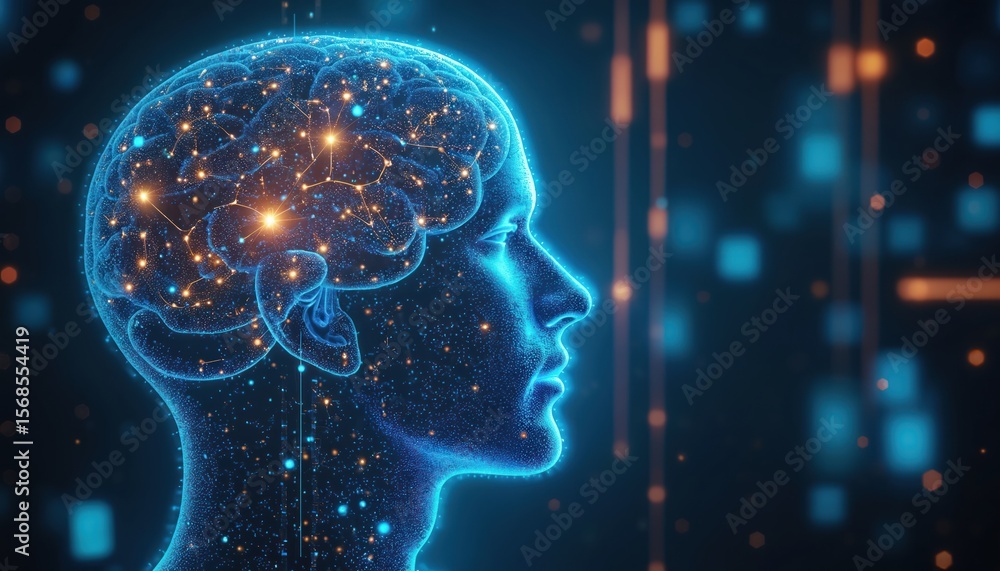 Glowing AI hologram human head with neural network. Blue digital man connects data. Futuristic technology concept. Artificial intelligence, machine learning, brain, cybernetics, deep learning. Glowing AI hologram human head with neural network. Blue digital man connects data. Futuristic technology concept. Artificial intelligence, machine learning, brain, cybernetics, deep learning.