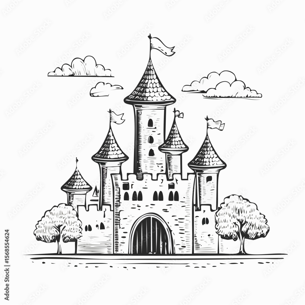 Fototapeta premium Medieval castle cartoon fairytale castle hand drawn design vector