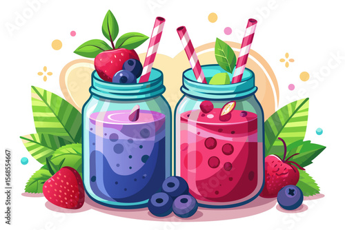 vector of Two delicious berry smoothies in mason jars, garnished with fresh mint. Ideal for healthy food blogs, and restaurant menus.