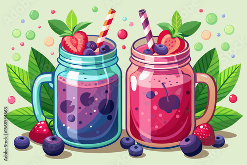 vector of Two delicious berry smoothies in mason jars, garnished with fresh mint. Ideal for healthy food blogs, and restaurant menus.