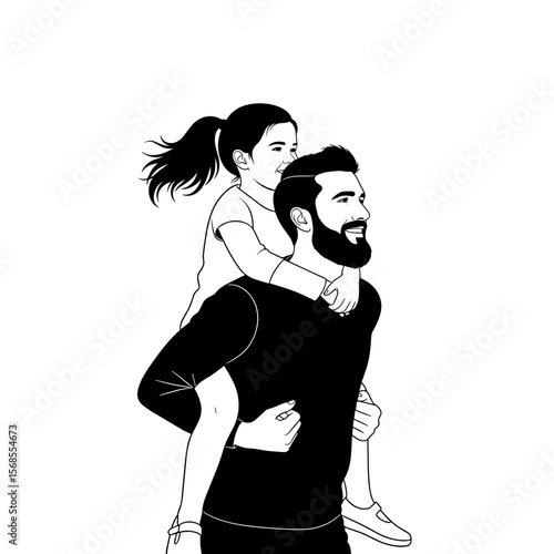 Father giving daughter a piggyback ride, vector icon
