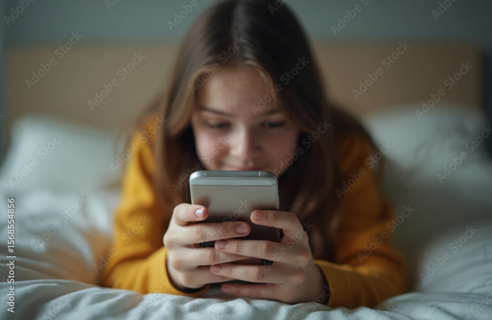 Teenage girl lies on bed, engrossed in smartphone. Expression serious as browses content, possibly feeling isolated. Sunlight illuminates scene, focusing on technology use, private moments at home. Teenage girl lies on bed, engrossed in smartphone. Expression serious as browses content, possibly feeling isolated. Sunlight illuminates scene, focusing on technology use, private moments at home.