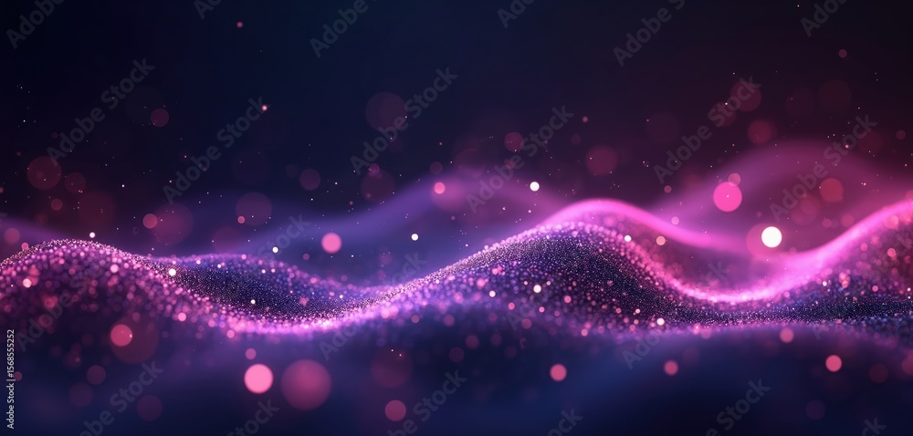 Fototapeta premium Abstract background with glowing purple particles forming wavy digital network. Features flowing lines, neon effects, dark, futuristic space concept, perfect for technology presentations digital art.