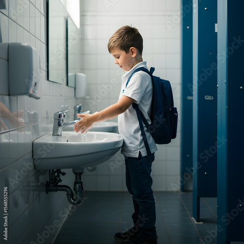 Schoolboy Washing Hands Public Bathroom Sink