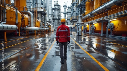 Engineer walks away in a vast, yellow-piped industrial complex