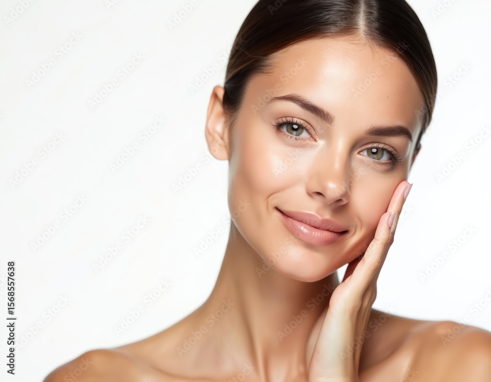 Young woman with clean, healthy skin touches her face. Smiling brunette model, natural beauty, flawless complexion, perfect makeup, spa care, skincare routine. White background. Young woman with clean, healthy skin touches her face. Smiling brunette model, natural beauty, flawless complexion, perfect makeup, spa care, skincare routine. White background.