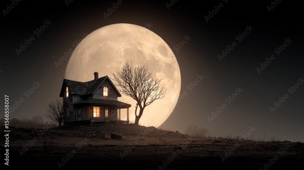 Obraz premium Eerie moonlight scene featuring an old house against a giant full moon