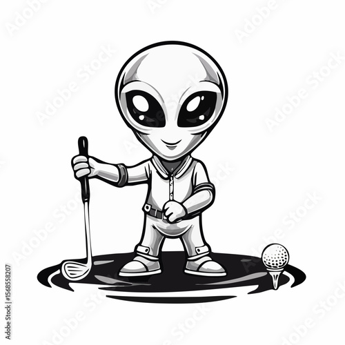 Adorable Alien Enjoying a Fun Game of Golf on a Bright Day in Vector Illustration
