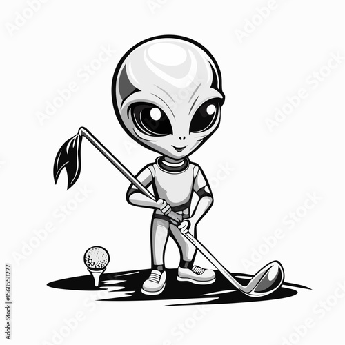 Adorable Alien Enjoying a Fun Game of Golf on a Bright Day in Vector Illustration