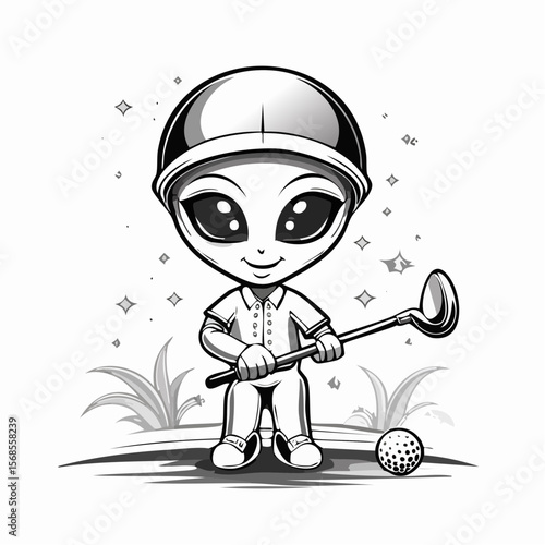 Adorable Alien Enjoying a Fun Game of Golf on a Bright Day in Vector Illustration