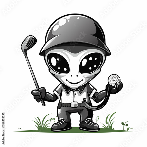 Adorable Alien Enjoying a Fun Game of Golf on a Bright Day in Vector Illustration