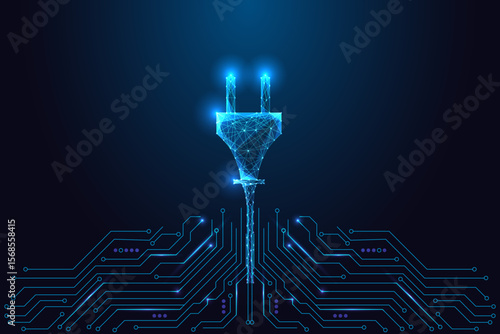 Digital green power plug sprouting from circuit board, clean energy and eco technology concept