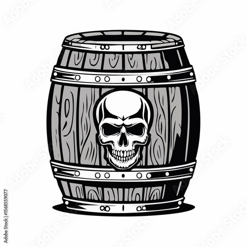 Wooden Beer Barrel with Human Skull Illustration in Dramatic Black and White Vector Artwork