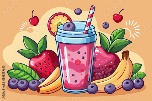 vector of Delicious berry smoothie in a glass and straw. Ideal for websites, healthy eating...