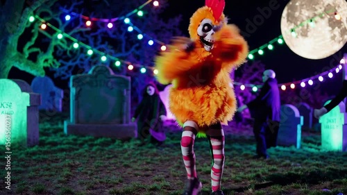 Seamless animation of a clubber zombie house dancing in a party in a graveyard with chicken disguise. Funny cartoon character for Halloween background
