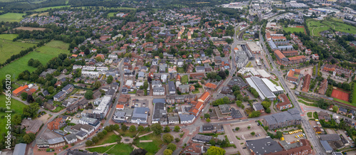 Aerial view of the old town of the city Kaltenkirchen in Germany on a sunny spring noon