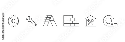 Set of construction lined icon collection. Hammer, wrench, crane, repair tools, builder, engineering symbol.