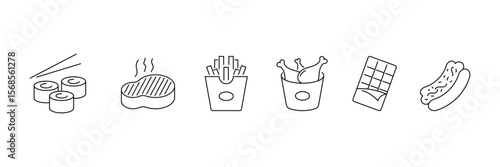 Set of Fast food lined icon collection. burger, pizza, , donut, kabab, sausage, burrito symbol.
