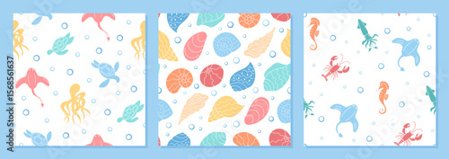 Underwater seamless pattern set in a marine cartoon graphic style. Featuring aquatic creatures like turtle, seashell, seahorse, crab, and shrimp. Vibrant marine life elements enhance summery