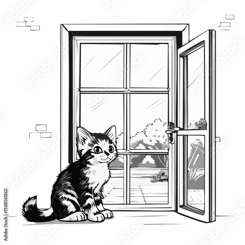 Charming Kitten Sitting in Front of a Glass Door, Hoping to Enter image vector
