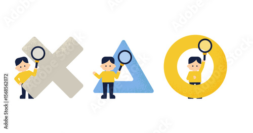〇×△と虫眼鏡を持った人（男性・男の子）のセットイラスト｜選択・調査・判断の教育素材