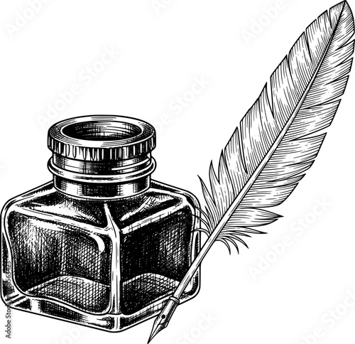 Vintage inkwell and quill pen  hand-drawn style
