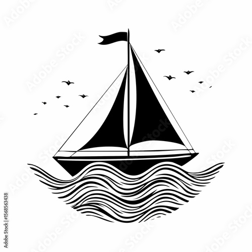 Sailing boat silhouette on waves vector image isolated on white background.