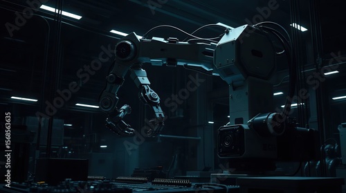 Robotic Arm in Dark Factory An Epic Scene of Assembly and Intense Black