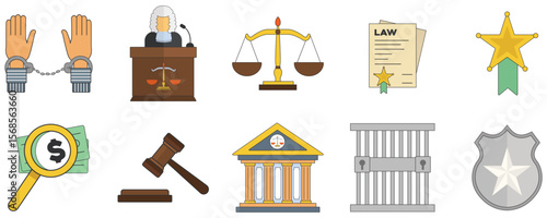 Set of law and justice vector isolated on white background, justice scales and wooden judge's gavel, law, justice, court, legislation vector concept