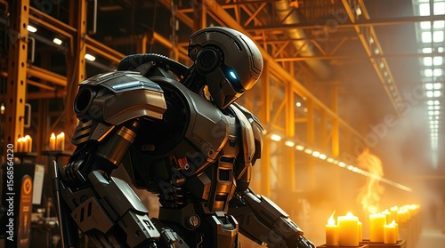 Robot ponders in candlelit factory space