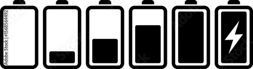Collection of black power level indicators for apps and user interfaces Battery charge symbols on transparent background