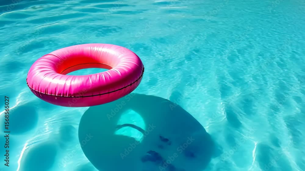 Summertime Swim: A vibrant pink inflatable ring floats serenely atop crystal-clear turquoise water in an idyllic setting, embodying relaxation and leisure. Summertime Swim: A vibrant pink inflatable ring floats serenely atop crystal-clear turquoise water in an idyllic setting, embodying relaxation and leisure.
