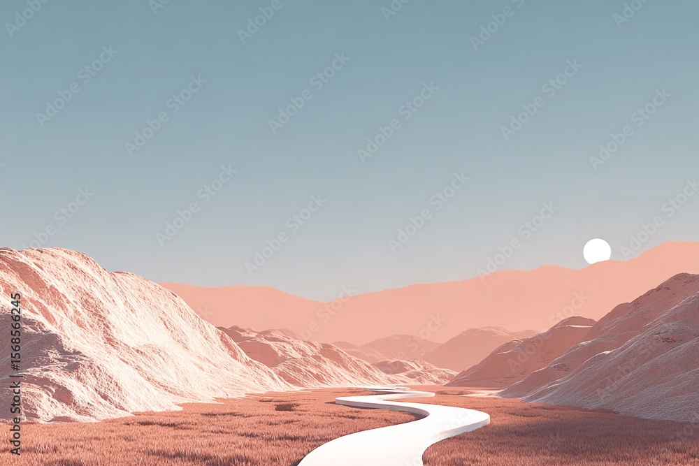 Naklejka premium Serene landscape with winding river flowing through mountains under a soft sunset sky