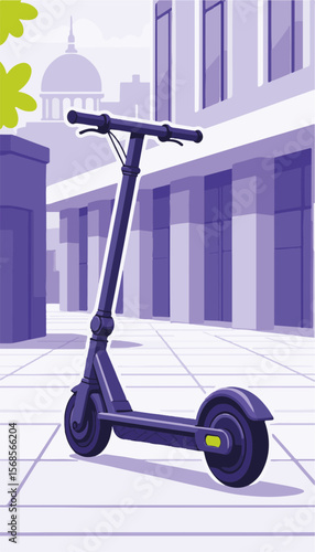 Modern electric scooter on a spacious plaza with a sleek design, architectural background, urban mobility concept.