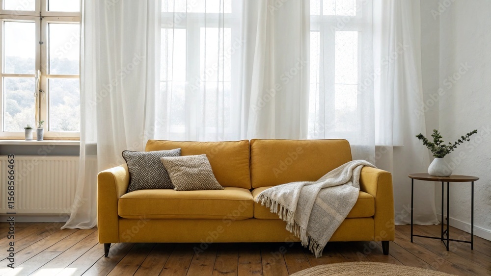 Fototapeta premium Minimalist Room with a Mustard Yellow or Burnt Orange Sofa, Soft Sheer Curtains, and Rustic Wooden Flooring