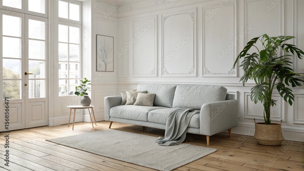 Fototapeta premium Minimalist Scandinavian Living Room with Light Grey Sofa, Large Monstera Plant, and Chevron Parquet Flooring