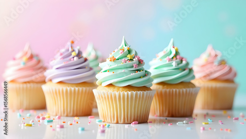A vibrant assortment of colorful cupcakes topped with swirls of smooth buttercream frosting in pastel shades—pink, mint green, lavender, baby blue, and peach