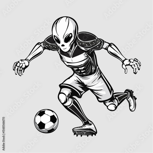 Alien in Action Playing Soccer with Dynamic Moves in a Futuristic Vector Illustration