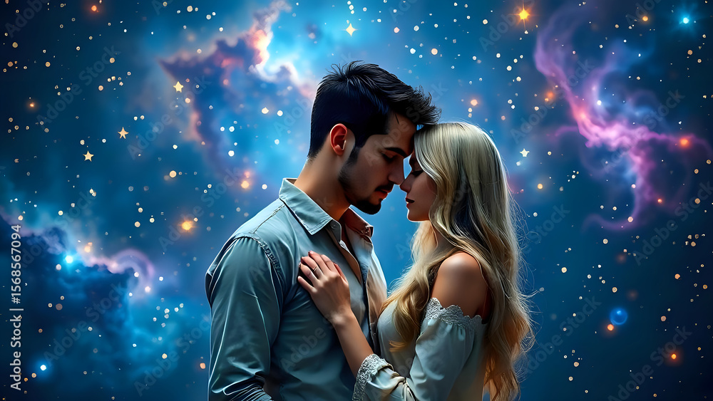 A Romantic Cosmic Scene Featuring a Man and a Woman in an Intimate Embrace, Mystical and Emotional Mood A Romantic Cosmic Scene Featuring a Man and a Woman in an Intimate Embrace, Mystical and Emotional Mood
