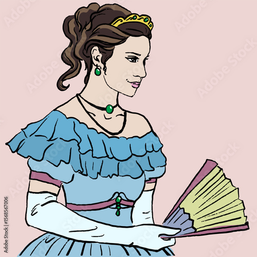 Victorian lady with fan in cartoon style. Vector, isolated.